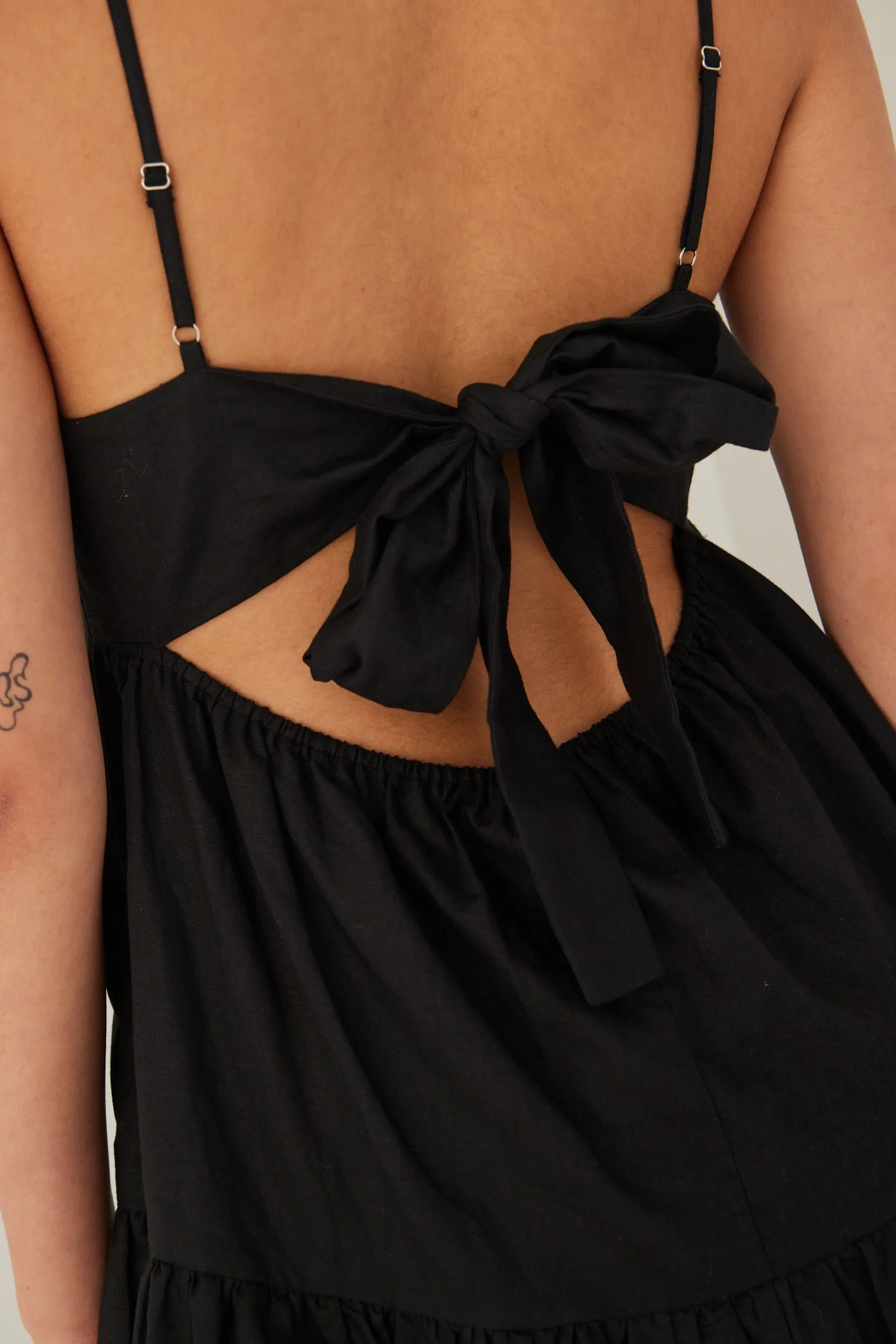 Cosmos Black Linen Cotton Strappy Tie Back Tiered Mini Dress