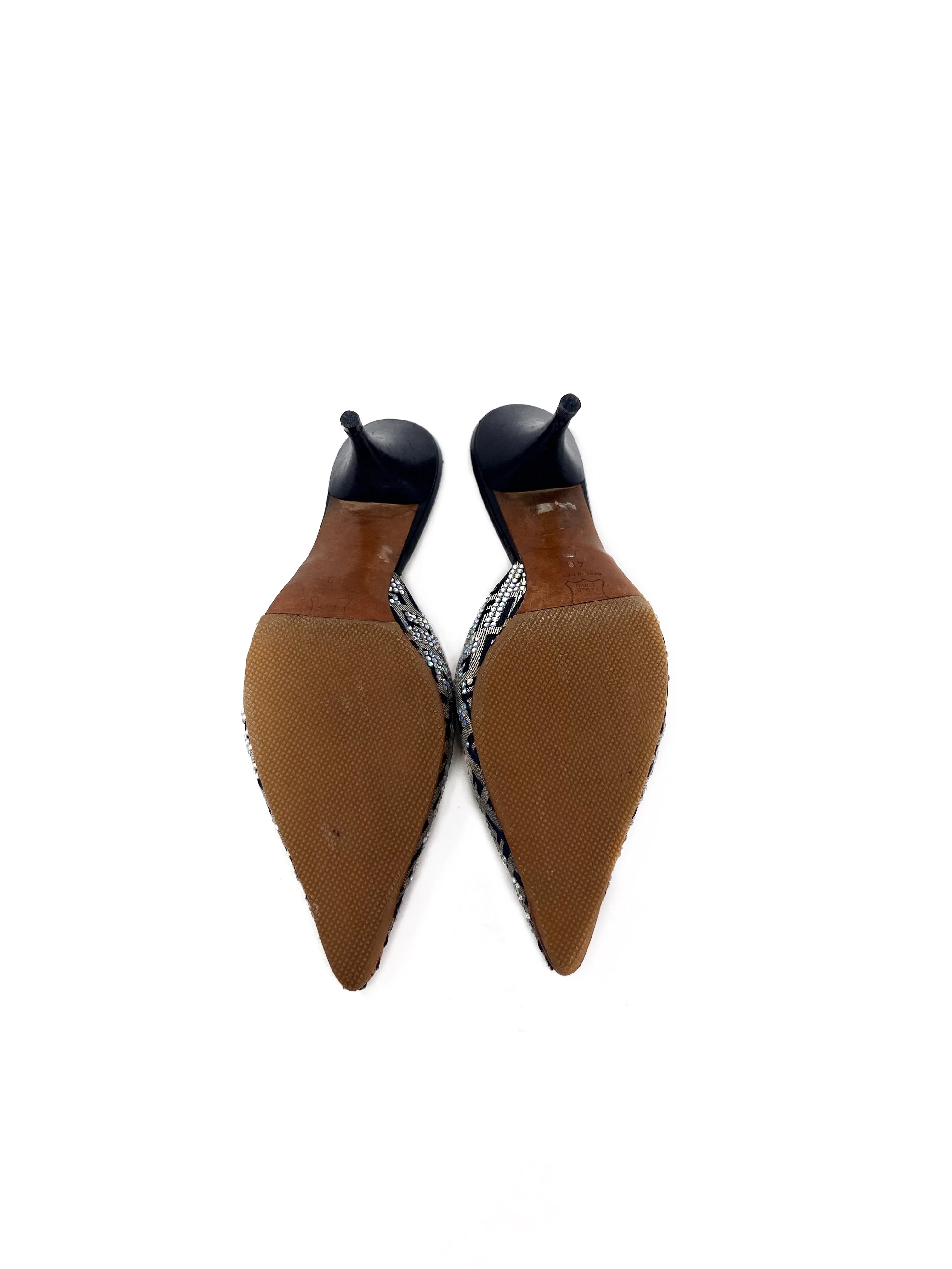 Fendi W Shoe Size 40 Monogram Canvas Rhinestone Pointed-Toe Mules