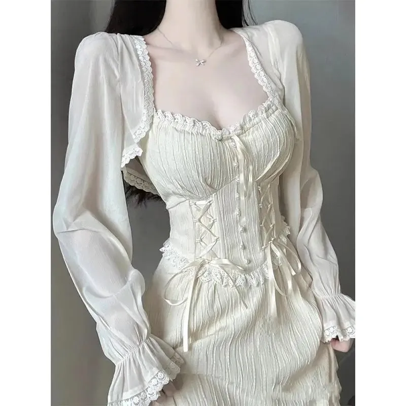 Girlary Dress Suit Cardigan Suspender Dress Ruffle One Piece Dress Casual Cardigan Korean Summer New Fairy French Elegant Solid Dress
