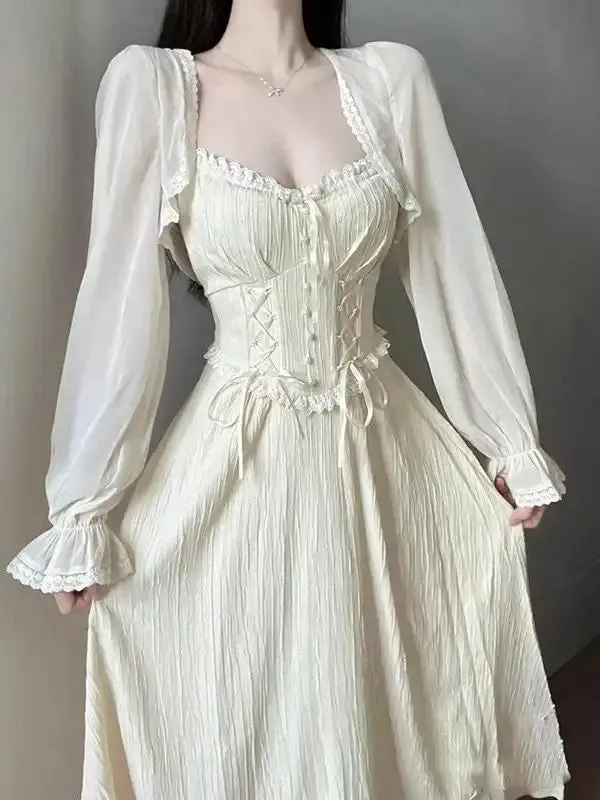Girlary Dress Suit Cardigan Suspender Dress Ruffle One Piece Dress Casual Cardigan Korean Summer New Fairy French Elegant Solid Dress
