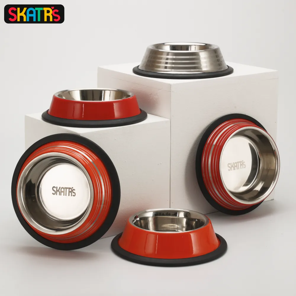 Skatrs Anti Skid Stainless Steel Striped Bowl for Dogs and Cats (Buy 1 Get 1)