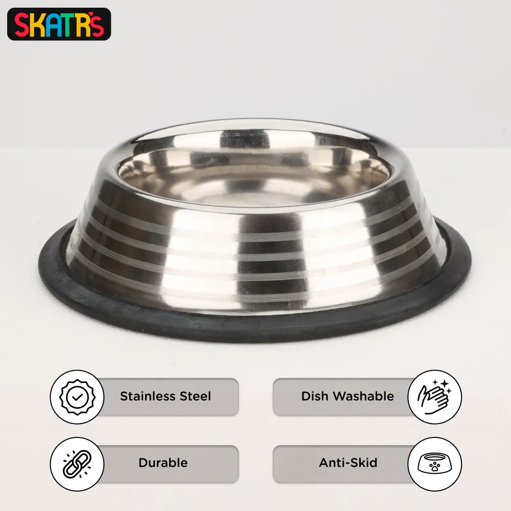 Skatrs Anti Skid Stainless Steel Striped Bowl for Dogs and Cats (Buy 1 Get 1)