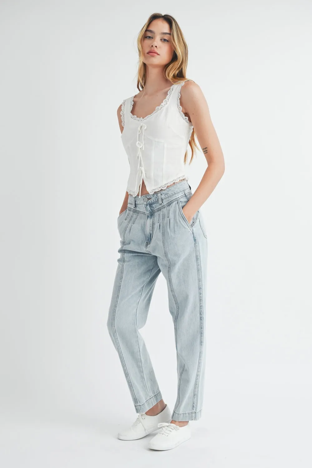 TEEK - Light Denim Pleated Front Straight Jeans