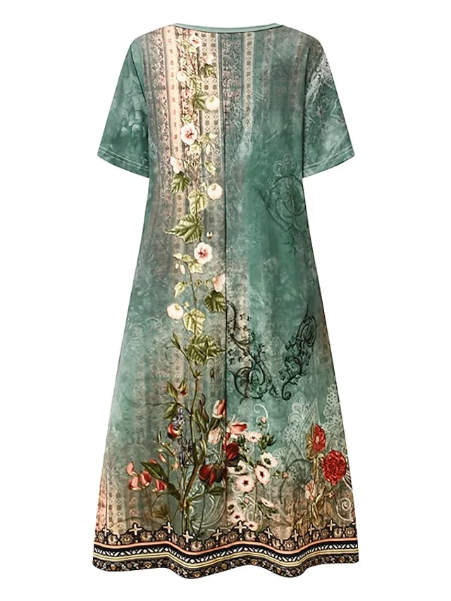 Women's Casual Dress Ethnic Dress Summer Dress Floral Tribal Print Crew Neck Mini Dress Fashion Ethnic Outdoor Daily Short Sleeve Regular Fit Red Blue Green Summer Spring S M L XL XXL
