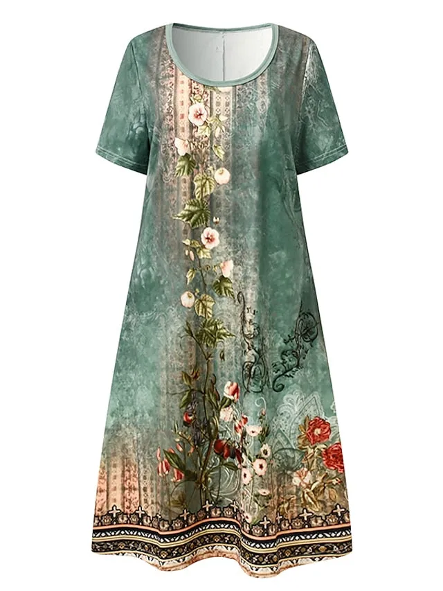 Women's Casual Dress Ethnic Dress Summer Dress Floral Tribal Print Crew Neck Mini Dress Fashion Ethnic Outdoor Daily Short Sleeve Regular Fit Red Blue Green Summer Spring S M L XL XXL